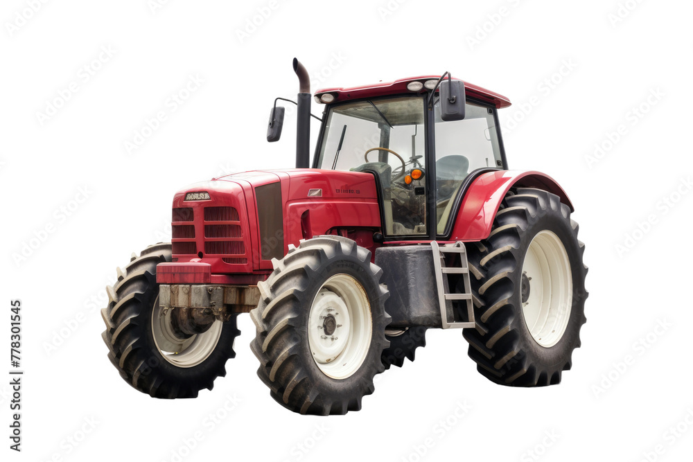 Crimson Power: Vibrant Red Tractor Standing Out on White Background. White or PNG Transparent Background.