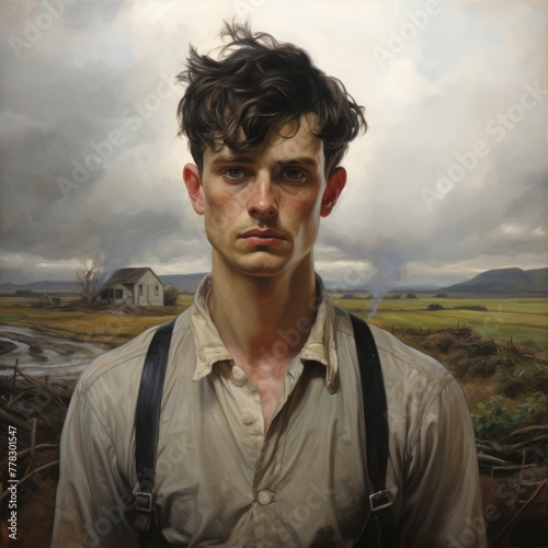 Digital painting of a young man in front of a rural landscape