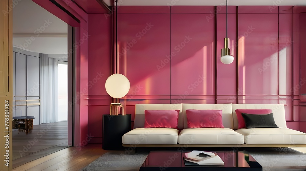 "Get ready to be amazed by the stunning contrast of modern minimalism and bold pink hues in this interior design, where simplicity meets vibrancy in the most visually appealing way." - obrazy, fototapety, plakaty 