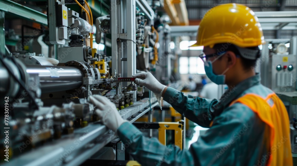 Fototapeta premium Engineers and factory managers wearing safety helmet inspect the machines in the production. inspector opened the machine to test the system to meet the standard. machine, maintenance