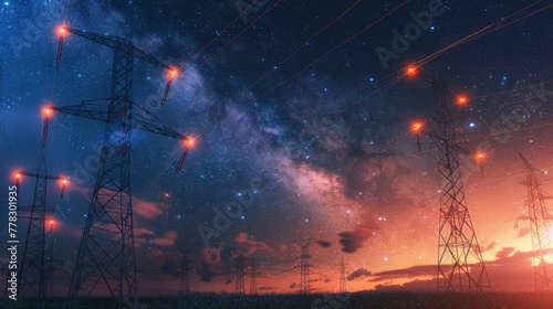 Electricity transmission towers with orange glowing wires the starry night sky. Energy infrastructure concept, energy, electricity, voltage, supply, pylon, technology photo