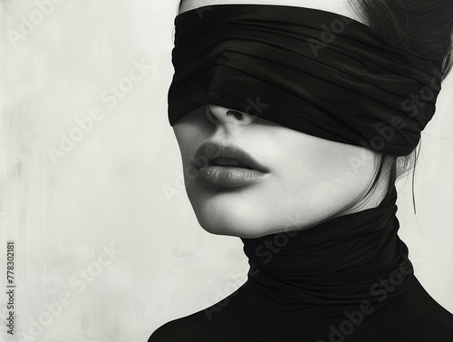 A portrait in a minimalist style featuring a woman with a jet-black band covering her eyes photo