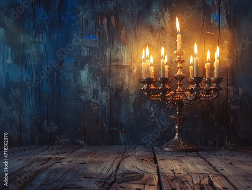 A rustic Hanukkah setting with a menorah placed on a rough-hewn wooden table soft candlelight playing off the woods texture photo