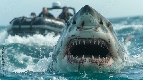 Close-up of a Shark Emerging from the Sea with its Mouth Open, Onlookers on a Boat in the Distance © Tiz21