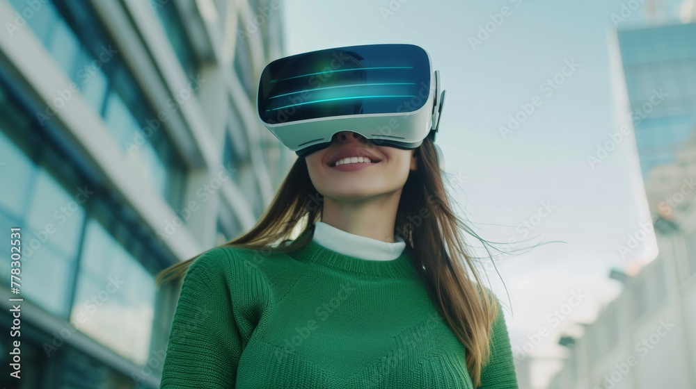 Smiling businesswoman in green sweater is wearing vr helmet. Digital interface in 3d glasses. Concept of future technology, interaction and entertainment playing game in virtual reality