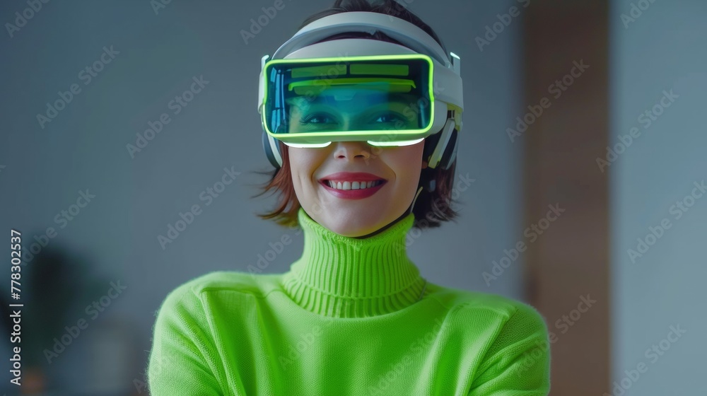 Smiling businesswoman in green sweater is wearing vr helmet. Digital interface in 3d glasses. Concept of future technology, interaction and entertainment playing game in virtual reality Smiling businesswoman in green sweater is wearing vr helmet. Digital interface in 3d glasses. Concept of future technology, interaction and entertainment playing game in virtual reality