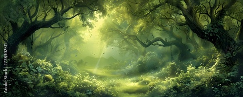 Enchanted Woodland Pathway in Lush Green Forest with Magical Sunlight and Shadows