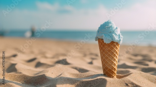 Close up of a blue Ice Cream Cone at the Beach. Beautiful Summer Vacation Background