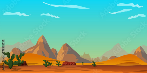 Vector illustration. Dry arid landscape. sandy and desert background.  Orange sky. Cartoon wallpaper. Summer season. Trees and sand mountains. Design for website  poster  banner  template