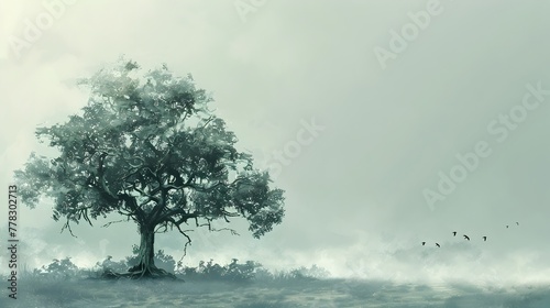 Ancient Oak Tree Solitary Guardian of Misty Meadow Scenic Landscape Hand Drawn with Copy Space