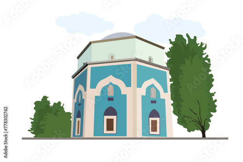 Bursa Green Tomb (Yesil Turbe) vector illustration. Green shrine behind trees 