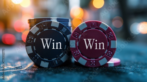 Poker Chips with 'Win' Inscription on Casino Background photo