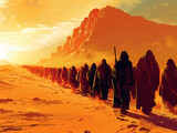 An artistic vector representation of Moses leading the Israelites across the desert with the expansive Egyptian landscape behind them