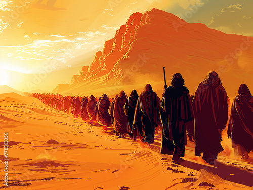 An artistic vector representation of Moses leading the Israelites across the desert with the expansive Egyptian landscape behind them