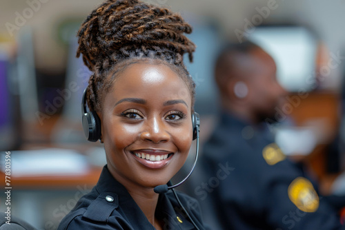 Black woman wearing headphones smiles, offers help, communicating on the phone.