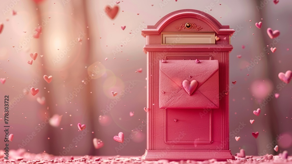 Postbox with romantic envelope, love hearts drift on warm pink tone