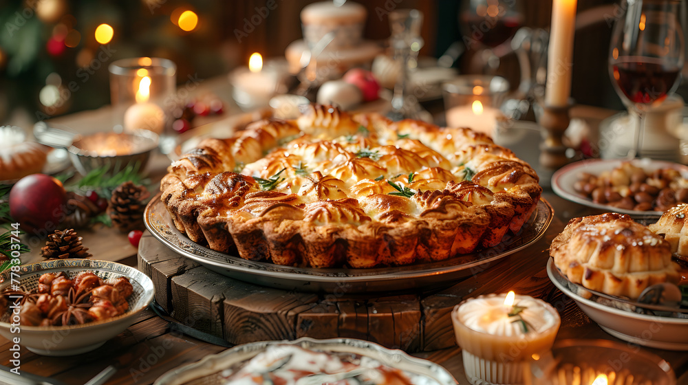 Chicken Pot Pie on a Decorated Table with Golden Crust Chicken Pot Pie on a Decorated Table with Golden Crust