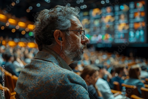 A senior man attends a conference in a public hall, listening to a speech through headphones.