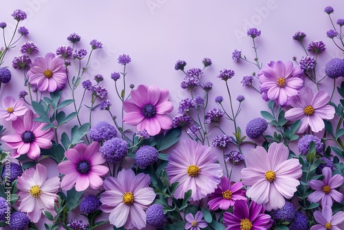 Field bright, blooming purple flowers, on a purple background.