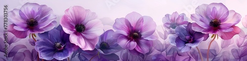 Bright and delicate pink and purple flowers demonstrate the fragility of nature on horizontal wallpaper with a white background. © Andrii Zastrozhnov