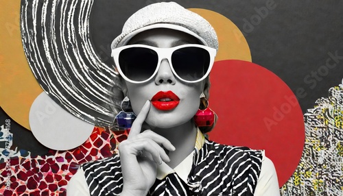  90s collage in modernist style combining abstract and colourful visual elements, red lipstick, fashion manifesto and rock beauty. Black and white woman posing with sunglasses  photo