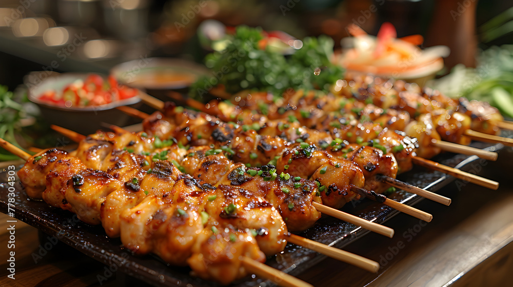 Chicken Satay on a Decorated Table with Peanut Sauce Chicken Satay on a Decorated Table with Peanut Sauce