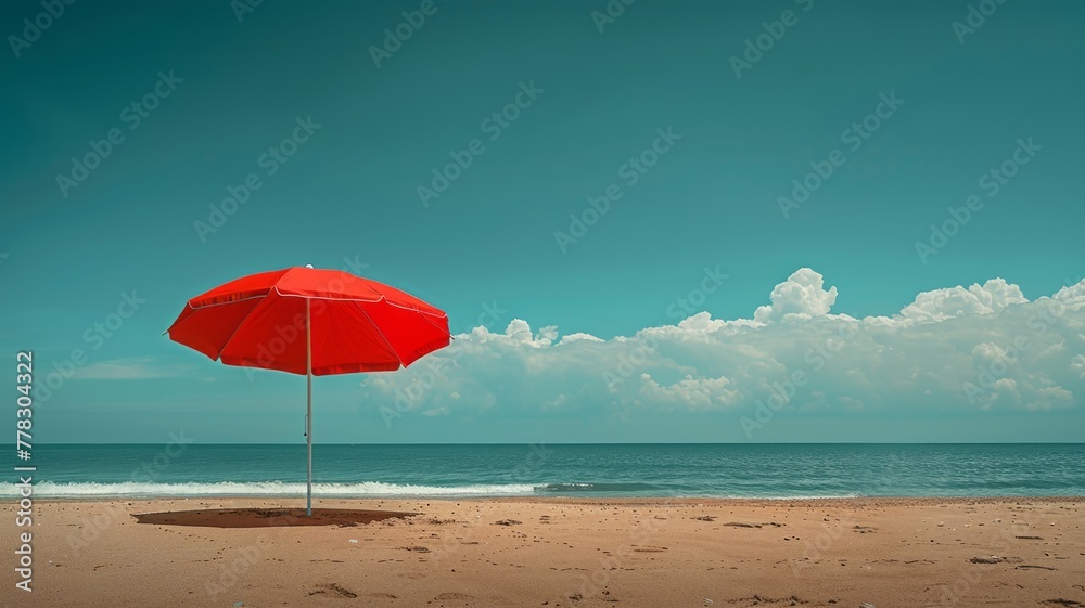 Vibrant red beach umbrella stands out against a serene coastal scene