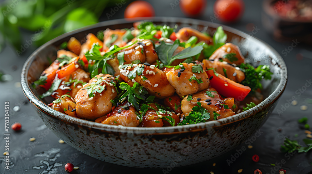 Chicken Stir-Fry on a Decorated Table with Colorful Vegetables
