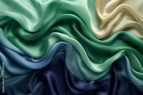 Abstract background of green, blue and cream colored silk or satin fabric with smooth folds, generative ai