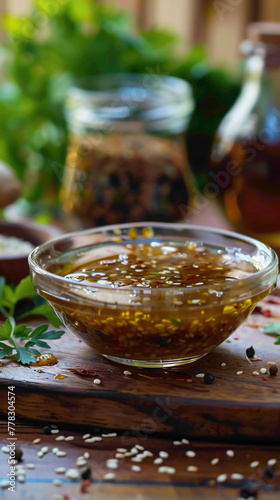 A tangy dressing made with sesame oil, ginger, soy sauce, and rice vinegar, perfect for Asian-inspired salads or noodles, delicious food style, blur background, natural look