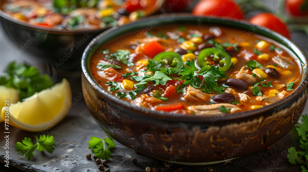 Chicken Tortilla Soup on a Decorated Table with Fresh Ingredients Chicken Tortilla Soup on a Decorated Table with Fresh Ingredients
