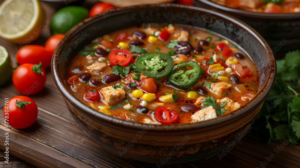 Chicken Tortilla Soup on a Decorated Table with Fresh Ingredients Chicken Tortilla Soup on a Decorated Table with Fresh Ingredients