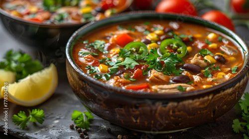 Chicken Tortilla Soup on a Decorated Table with Fresh Ingredients