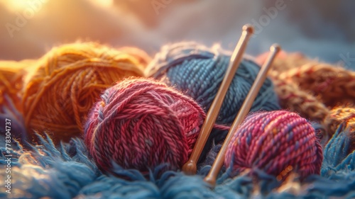Soft light illuminates delicate yarn and knitting needles photo