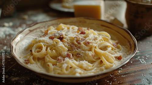 In a warm and inviting ambiance, a plate of steaming pasta carbonara awaits, topped with gooey melted cheese, savory bacon, and a sprinkle of fragrant herbs.