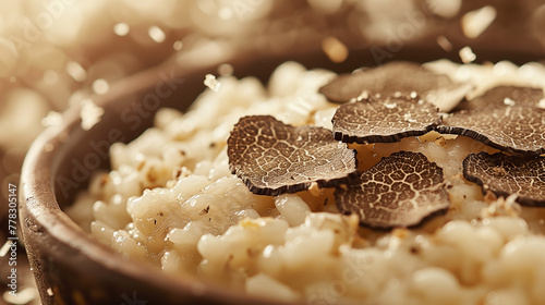 Nestled in a brown bowl, an exquisite risotto featuring black truffles is highlighted by a cascade of salt flakes and gentle bokeh light, creating a tantalizing culinary composition.