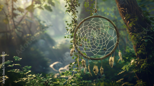 An intricate dreamcatcher is suspended before a network of luminous energy lines and nodes, creating a surreal blend of tradition and digital worlds