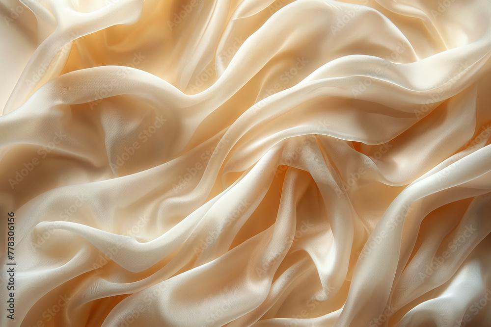 Close-up of beige satin silk fabric texture background, elegant wave pattern, wavy illustration, generative ai