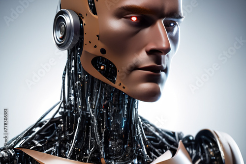 Human robot. Humanoid robot or cyborg with artificial intelligence concept on gray background. Humanoid robot with circuit board on dark background, artificial intelligence concep