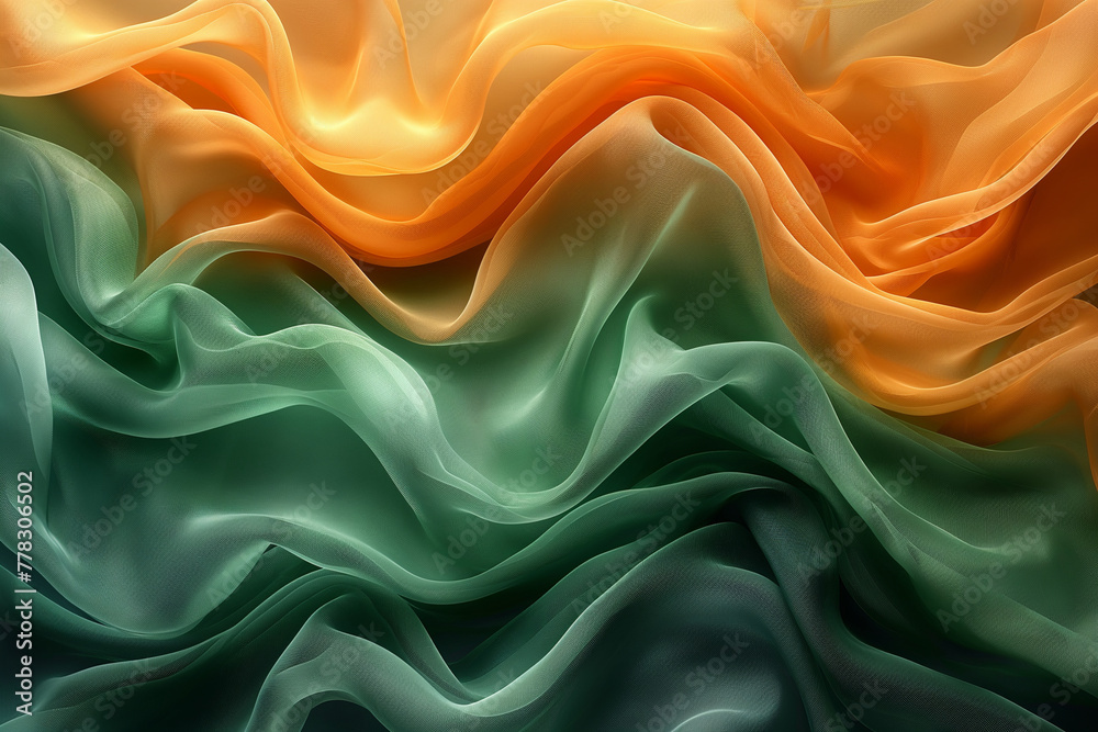 Fototapeta premium Abstract background with smooth wavy curves in green, yellow and orange colors, 3d illustration, generative ai