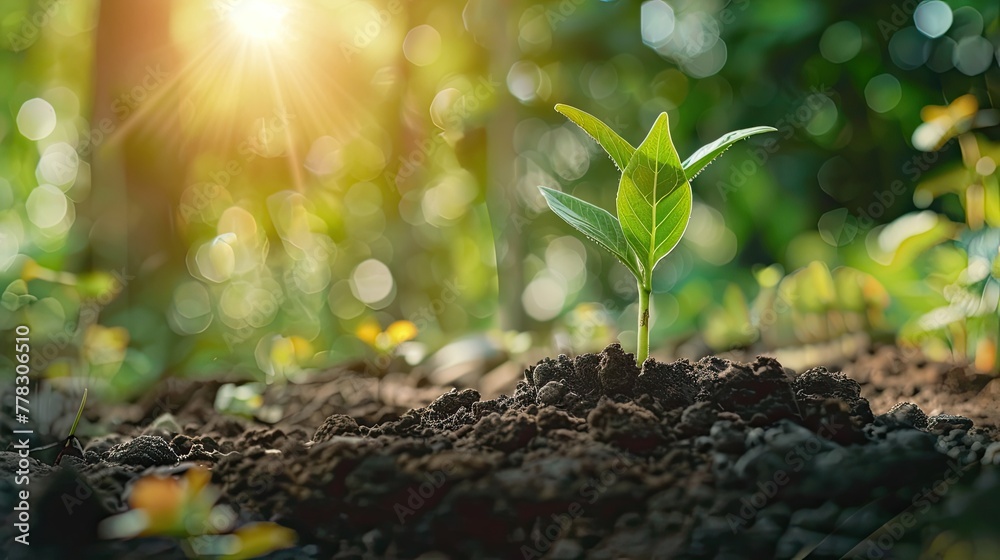 Green seedlings growing on fertile soil with green bokeh background Green seedlings growing on fertile soil with green bokeh background