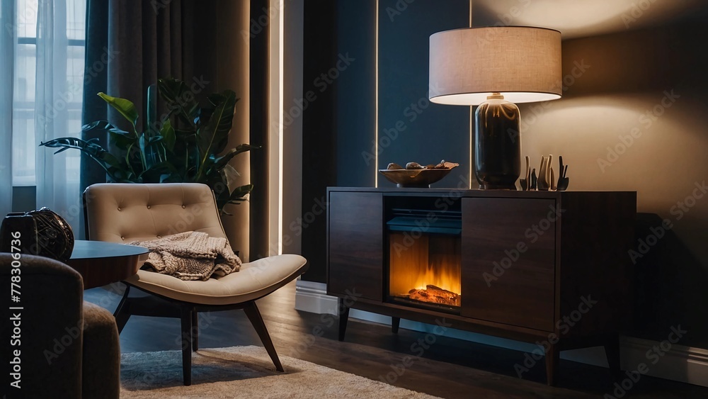 living room with fireplace,A cozy living room with a lit fireplace, a chair with a blanket, a lamp, a potted plant, and a bowl of fruit. living room with fireplace,A cozy living room with a lit fireplace, a chair with a blanket, a lamp, a potted plant, and a bowl of fruit.