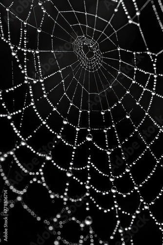 Spider web with dew drops on black background. Close up.