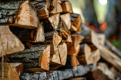 Logs of wood stacked for a fireplace at the backyard photo