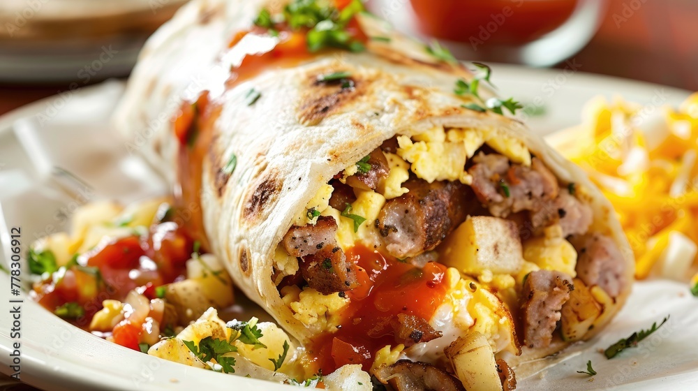 Traditional mexican tortilla wrap with scrambled eggs and vegetables. Traditional mexican tortilla wrap with scrambled eggs and vegetables.
