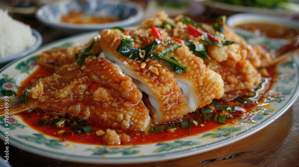 Fried fish with spicy sauce on the plate Fried fish with spicy sauce on the plate