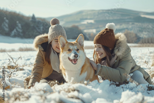 Two girls, sisters, play with a corgi dog on a snowy field in the mountains photo