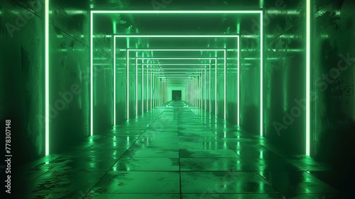Geometric green neon lights in dark corridor evoke depth