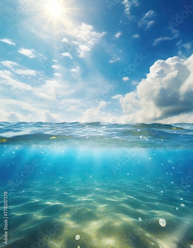 Blue sea or ocean water surface and underwater with sunny and cloudy sky