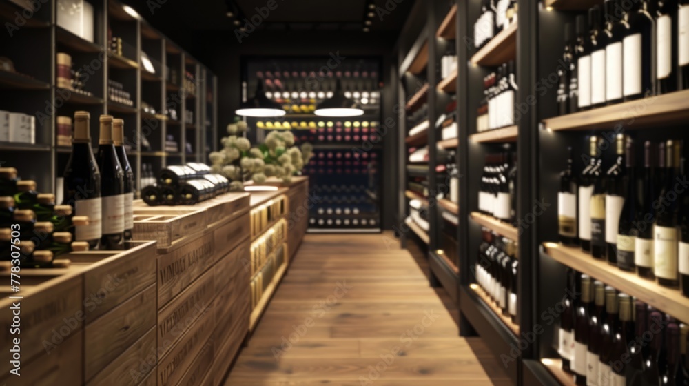Modern elite store of expensive fine wines close up. Interior of an alcohol salon for rich people. Bar, bottles of red wine on the shelves closeup.